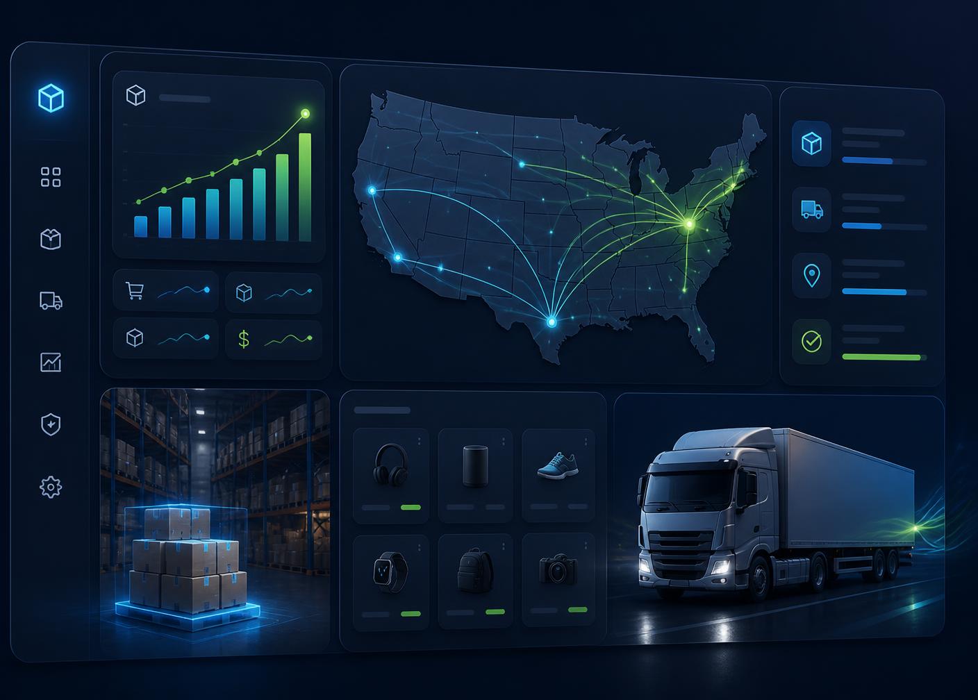 LumixPoint BD warehouse dashboard showing US shipping routes, live order analytics, and same-day fulfillment